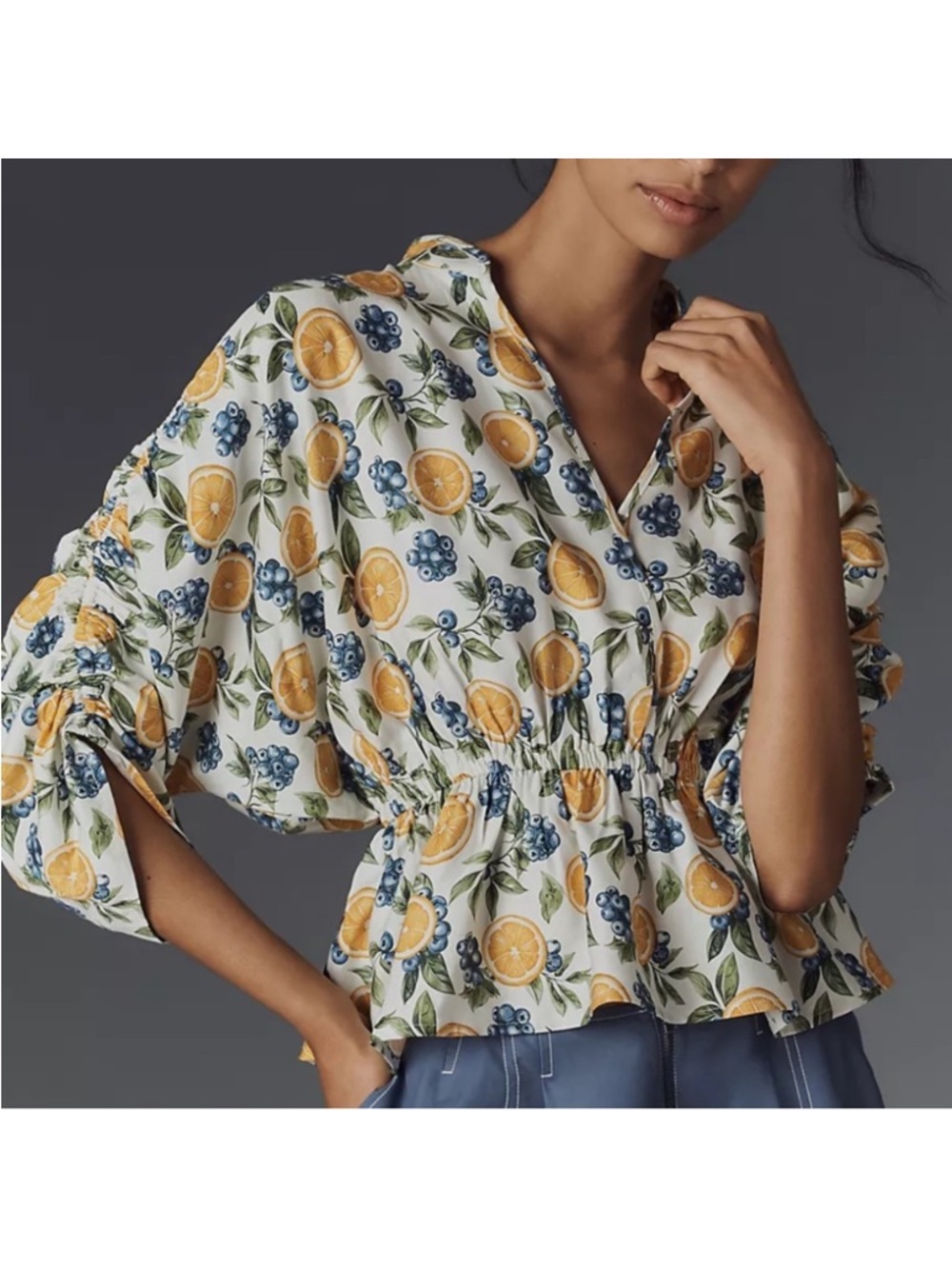 Anthropologie Maeve Short Sleeve Ruched Peplum Lemon Blueberry Print Blouse